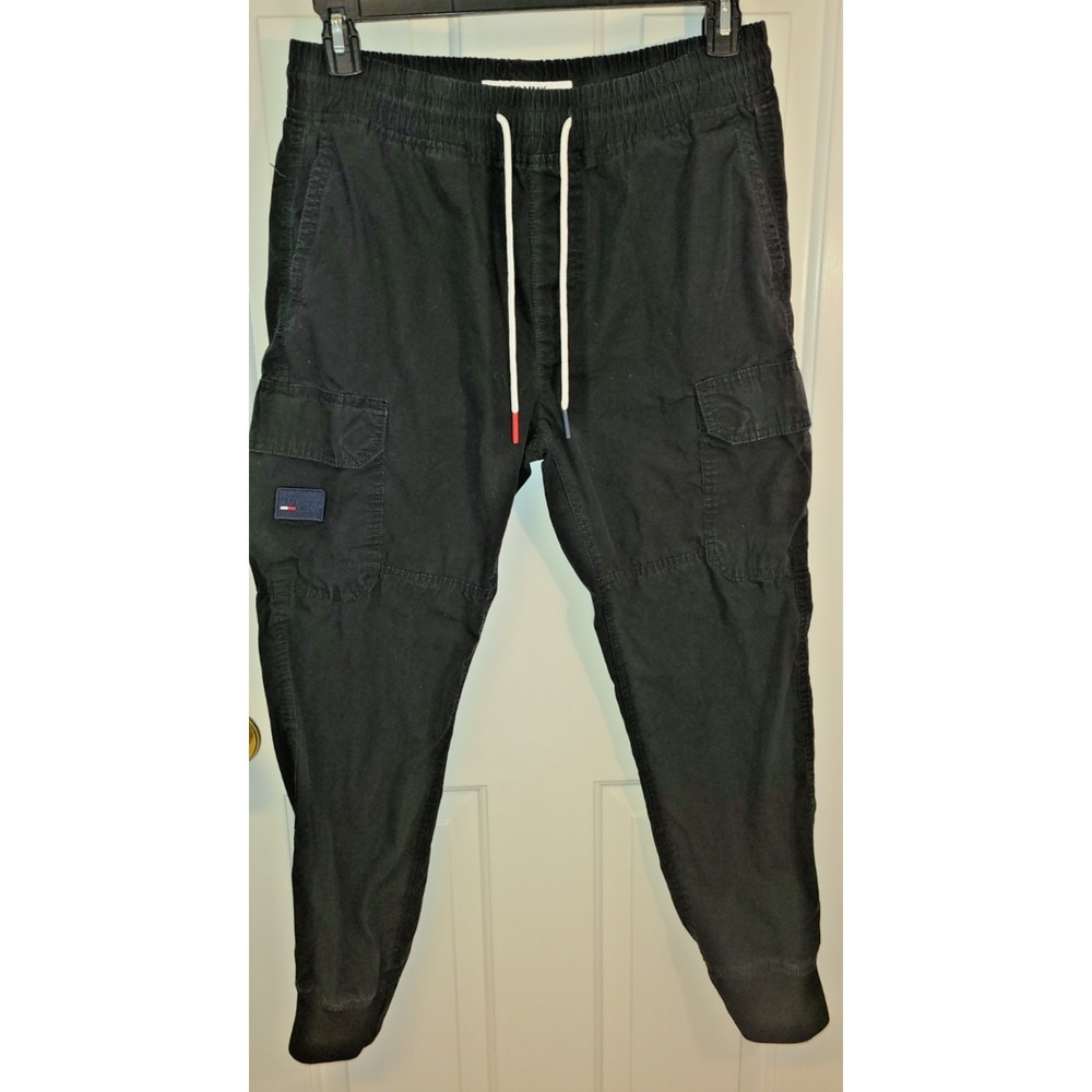 Tommy Hilfiger Mens Black Cargo Track Athletic pant Taper‎ Joggers sz MED